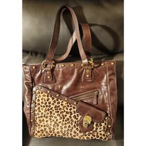 Kate Landry Brown Leather Faux Leopard Skin Zebra Lined Handbag